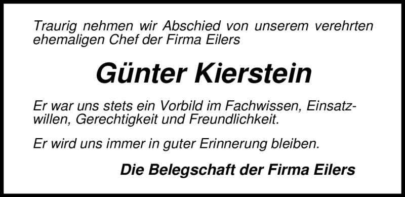  Traueranzeige für Günter Kierstein vom 08.06.2012 aus Nordwest Zeitung